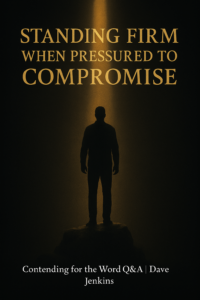 A man’s silhouette stands on a rocky foundation under a vertical beam of warm golden light against a dark charcoal background. Large gold serif text reads ‘Standing Firm When Pressured to Compromise,’ and smaller white text at the bottom reads ‘Contending for the Word Q&A | Dave Jenkins.