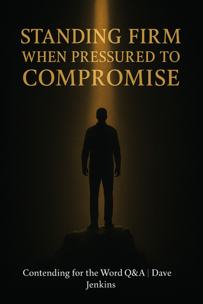 Standing Firm in a Compromising World 3 A man’s silhouette stands on a rocky foundation under a vertical beam of warm golden light against a dark charcoal background. Large gold serif text reads ‘Standing Firm When Pressured to Compromise,’ and smaller white text at the bottom reads ‘Contending for the Word Q&A | Dave Jenkins.