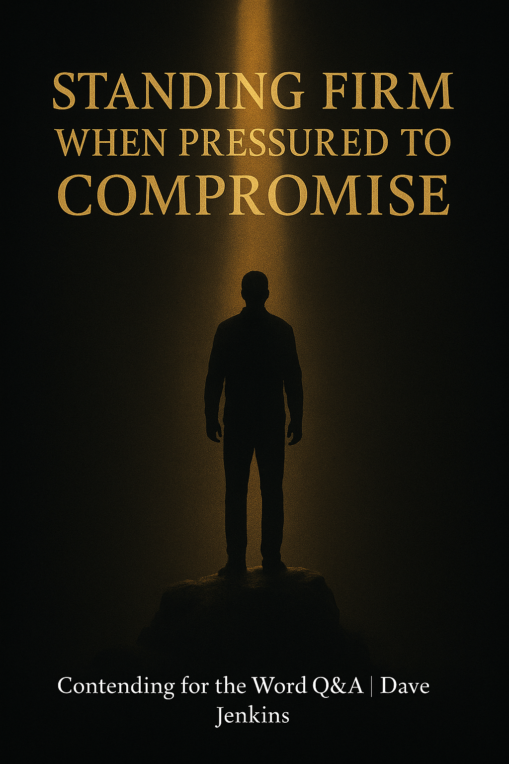 A man’s silhouette stands on a rocky foundation under a vertical beam of warm golden light against a dark charcoal background. Large gold serif text reads ‘Standing Firm When Pressured to Compromise,’ and smaller white text at the bottom reads ‘Contending for the Word Q&A | Dave Jenkins.