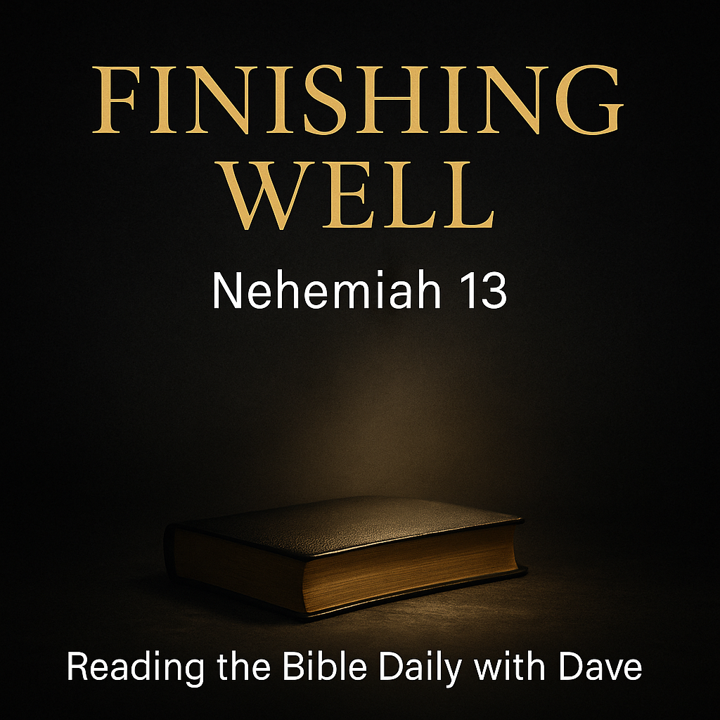 A warm spotlight shines on a closed Bible on a dark charcoal background, symbolizing vigilance and holiness from Nehemiah 13 for Reading the Bible Daily with Dave.