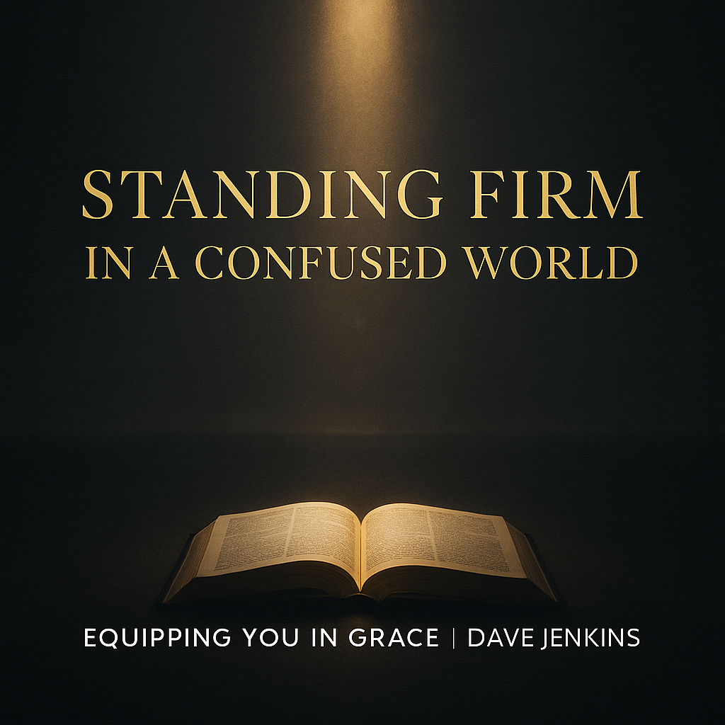 A dark charcoal background with a warm golden beam of light shining onto an open Bible, with the title ‘Standing Firm in a Confused World’ in gold serif text above and ‘Equipping You in Grace | Dave Jenkins’ in white below.