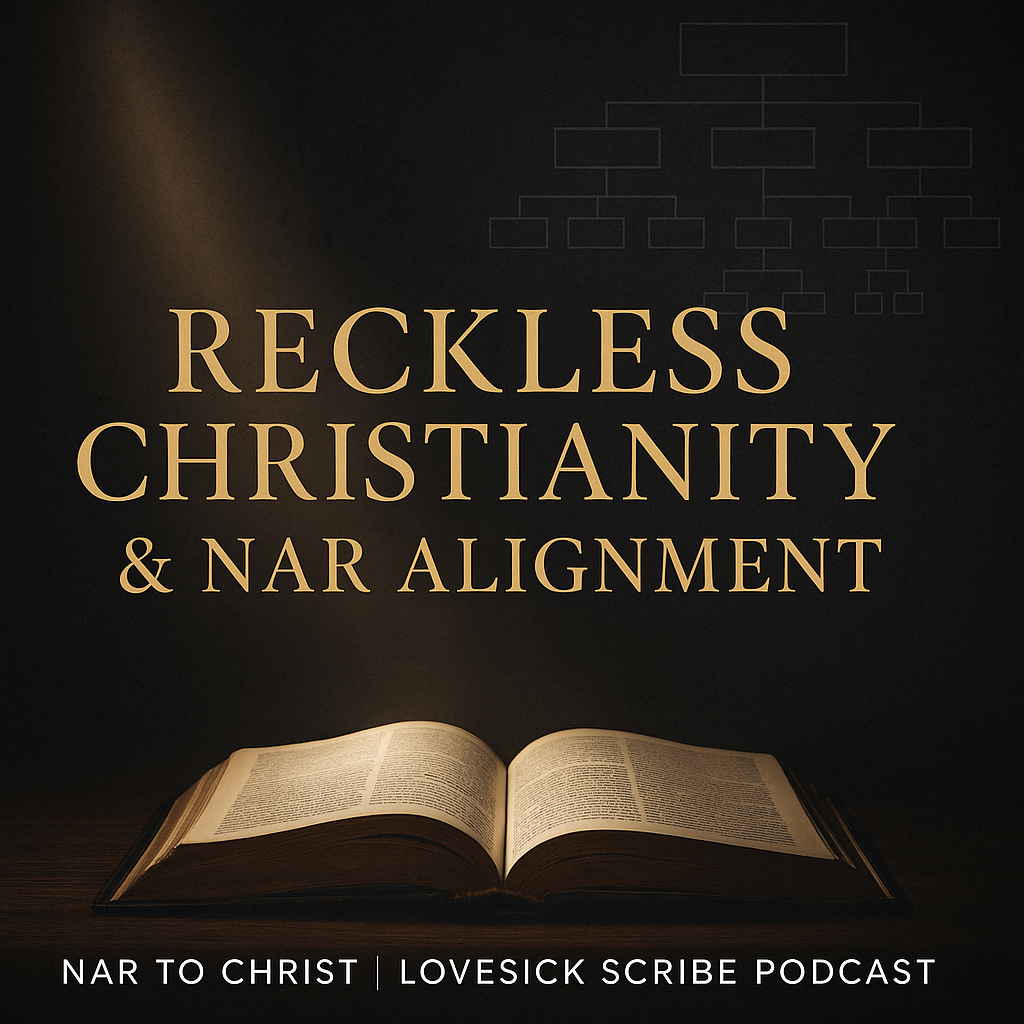 Dark charcoal thumbnail featuring an open Bible illuminated by a warm light on the left, with a faint apostolic network diagram fading into the background on the right, and gold title text reading ‘Reckless Christianity & NAR Alignment,’ with a bottom label that says ‘NAR to Christ | Lovesick Scribe Podcast