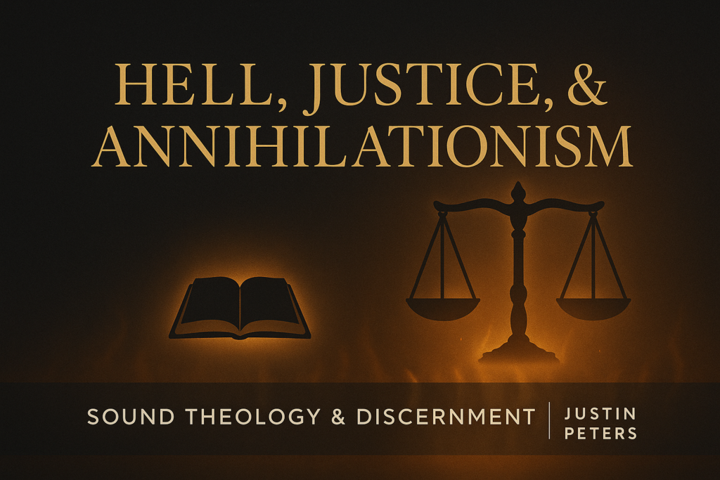 Annihilationism and the Biblical Doctrine of Hell: A Response to Kirk Cameron 3 Thumbnail with a dark charcoal background, faint flames at the bottom, a glowing silhouette of scales of justice beside a small open Bible, and the title ‘Hell, Justice, & Annihilationism’ above a bar reading ‘Sound Theology & Discernment | Justin Peters.