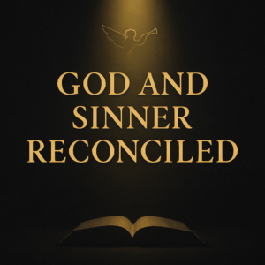 Dark charcoal thumbnail with warm golden light shining on a subtle angel silhouette and an open Bible, featuring the title ‘God and Sinner Reconciled’ and labeled ‘New Age to Christ | Doreen Virtue.