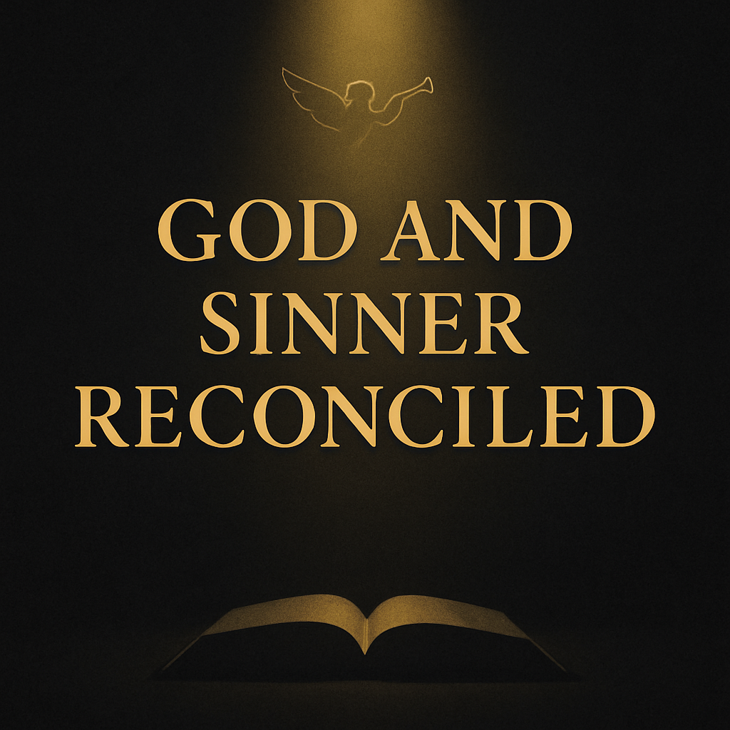 Dark charcoal thumbnail with warm golden light shining on a subtle angel silhouette and an open Bible, featuring the title ‘God and Sinner Reconciled’ and labeled ‘New Age to Christ | Doreen Virtue.