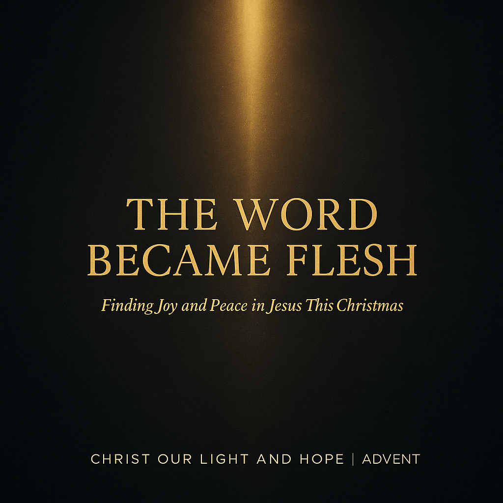 Abstract Advent thumbnail with a dark charcoal background and a single vertical beam of warm golden light breaking through darkness, with the title ‘The Word Became Flesh’ centered in gold serif text.