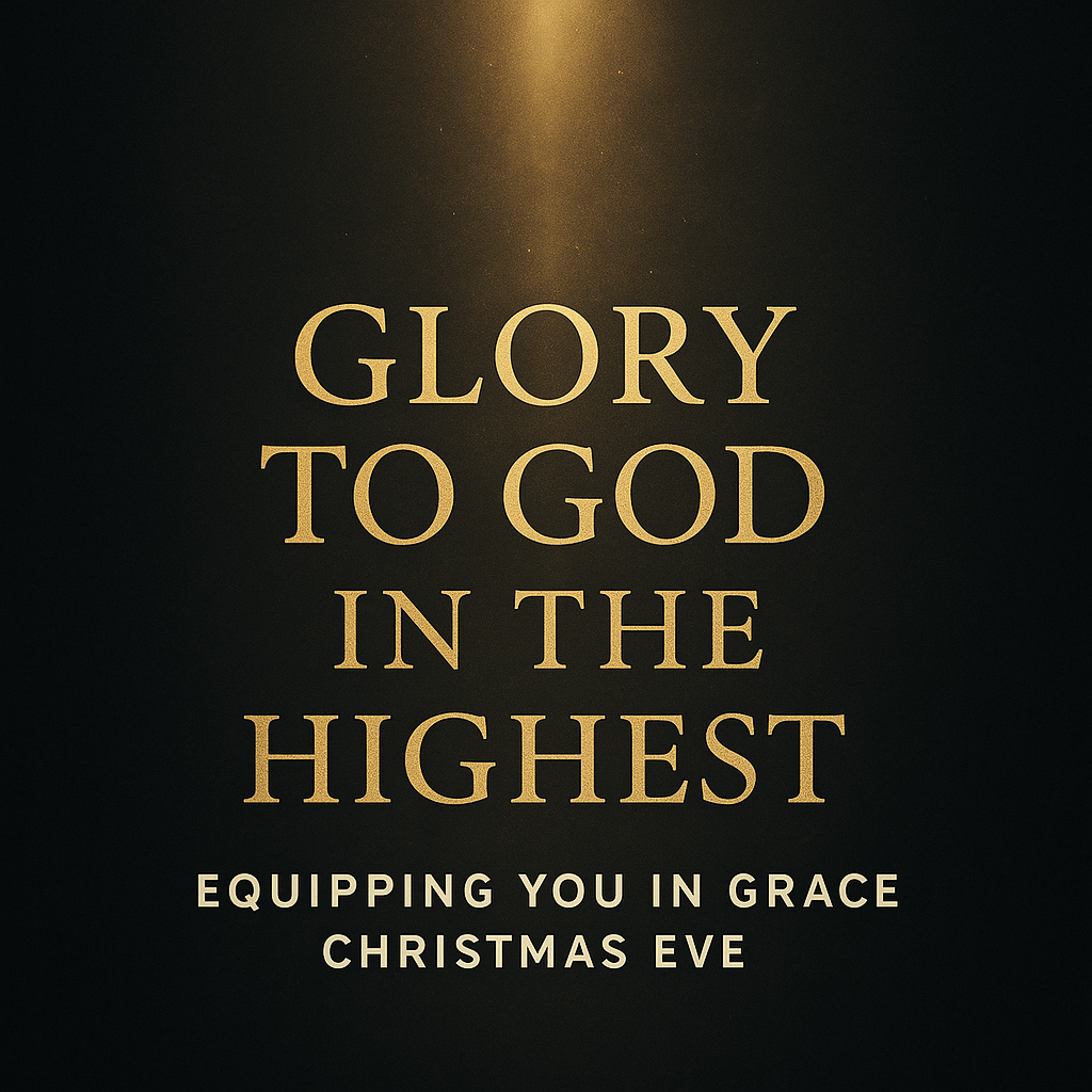 Dark charcoal Christmas Eve thumbnail with a beam of warm golden light shining down, gold serif text reading ‘Glory to God in the Highest,’ and smaller text at the bottom reading ‘Equipping You in Grace | Christmas Eve.