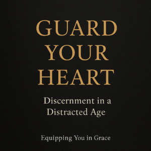 Dark charcoal textured background with gold serif text reading “Guard Your Heart,” subtitle “Discernment in a Distracted Age,” and small footer text “Equipping You in Grace.”