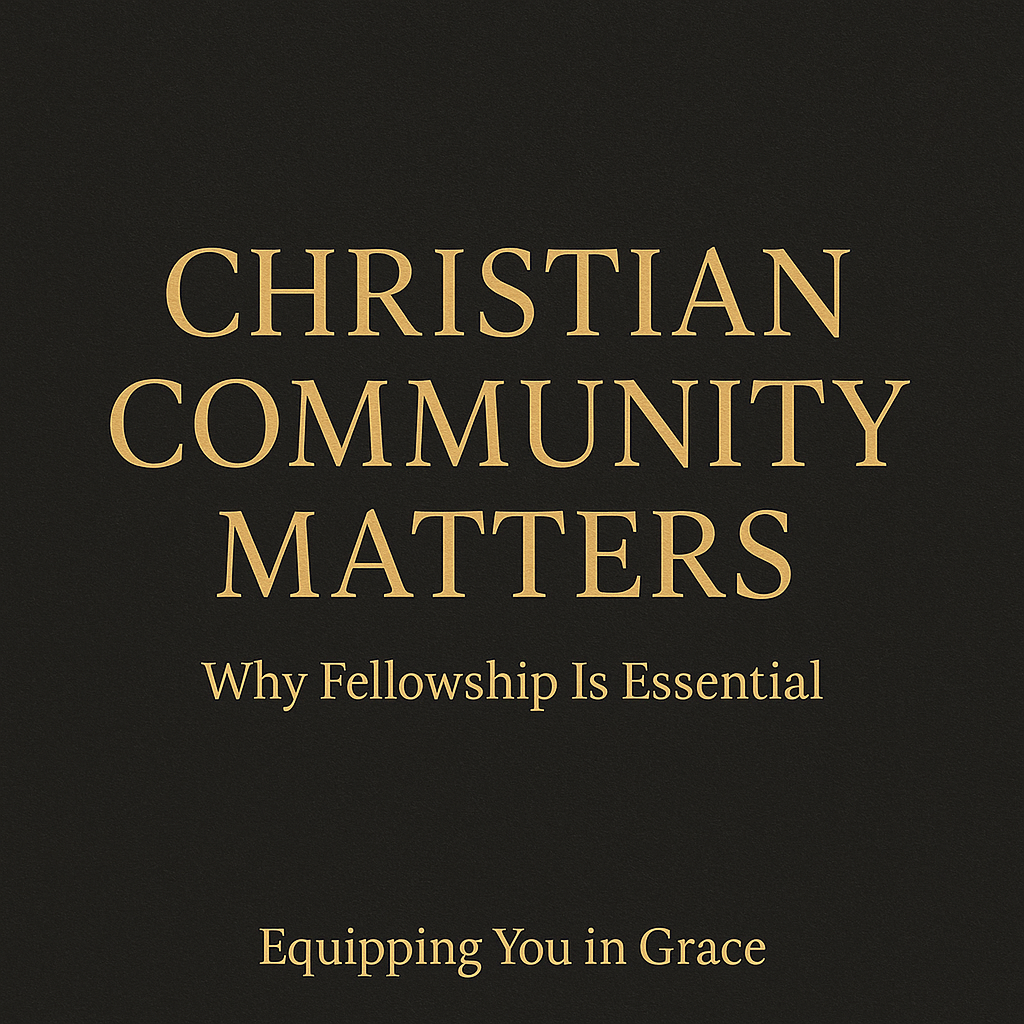 Thumbnail graphic with a dark charcoal textured background and gold serif text reading “Christian Community Matters,” with the subtitle “Why Fellowship Is Essential” and the show name “Equipping You in Grace” at the bottom.