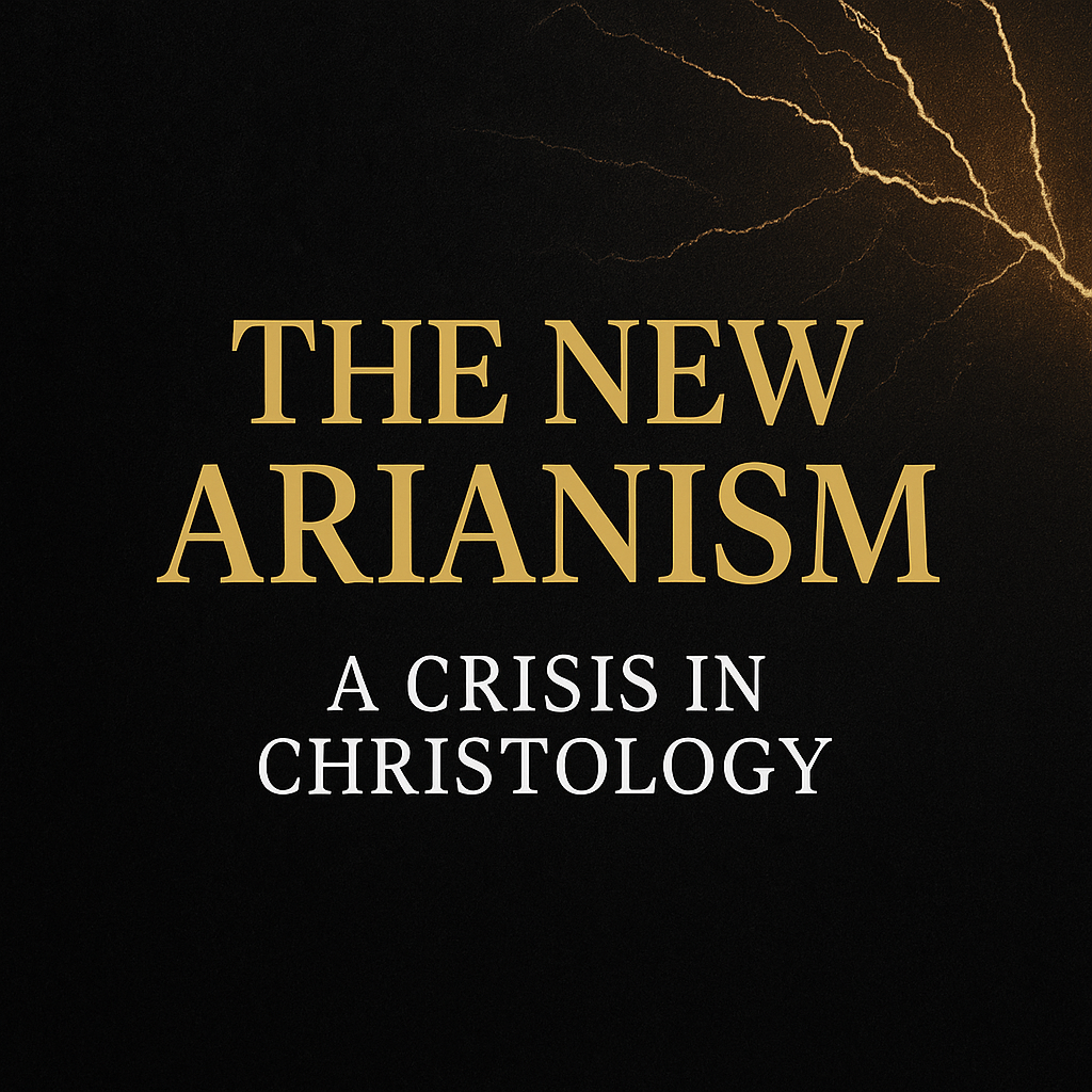 Graphic with a dark charcoal background and warm golden light illuminating Scripture, titled “The New Arianism,” emphasizing the biblical truth of Christ’s full deity and the gospel stakes of denying it.
