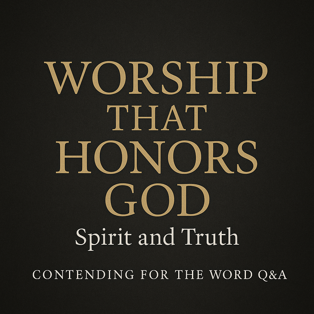 Minimal thumbnail with a dark charcoal textured background and gold serif text reading “Worship That Honors God,” with the subtitle “Spirit and Truth” and the series label “Contending for the Word Q&A” centered at the bottom.