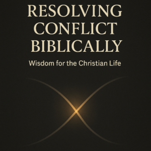 Minimalist Christian podcast thumbnail with gold serif text reading ‘Resolving Conflict Biblically’ on a dark charcoal background, abstract intersecting lines with a warm glow symbolizing reconciliation, Contending for the Word Q&A.