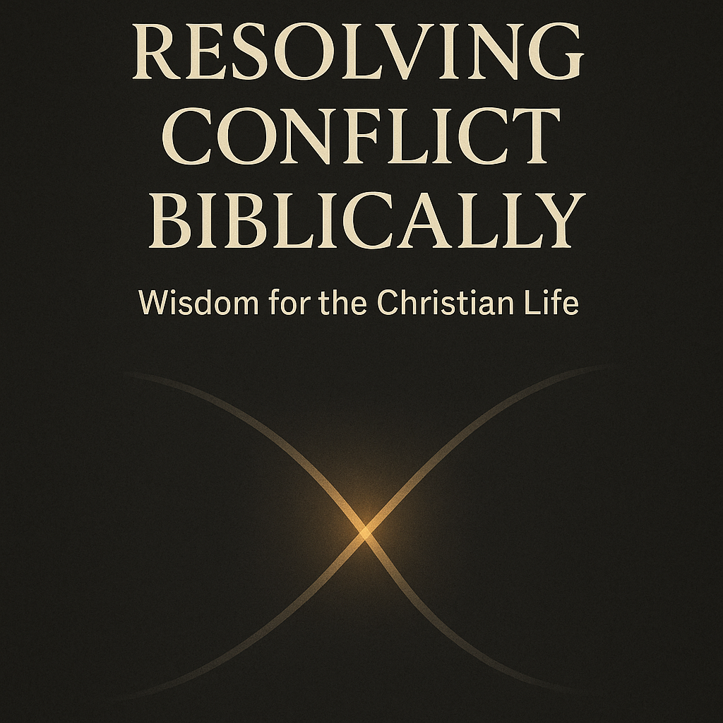 Minimalist Christian podcast thumbnail with gold serif text reading ‘Resolving Conflict Biblically’ on a dark charcoal background, abstract intersecting lines with a warm glow symbolizing reconciliation, Contending for the Word Q&A.