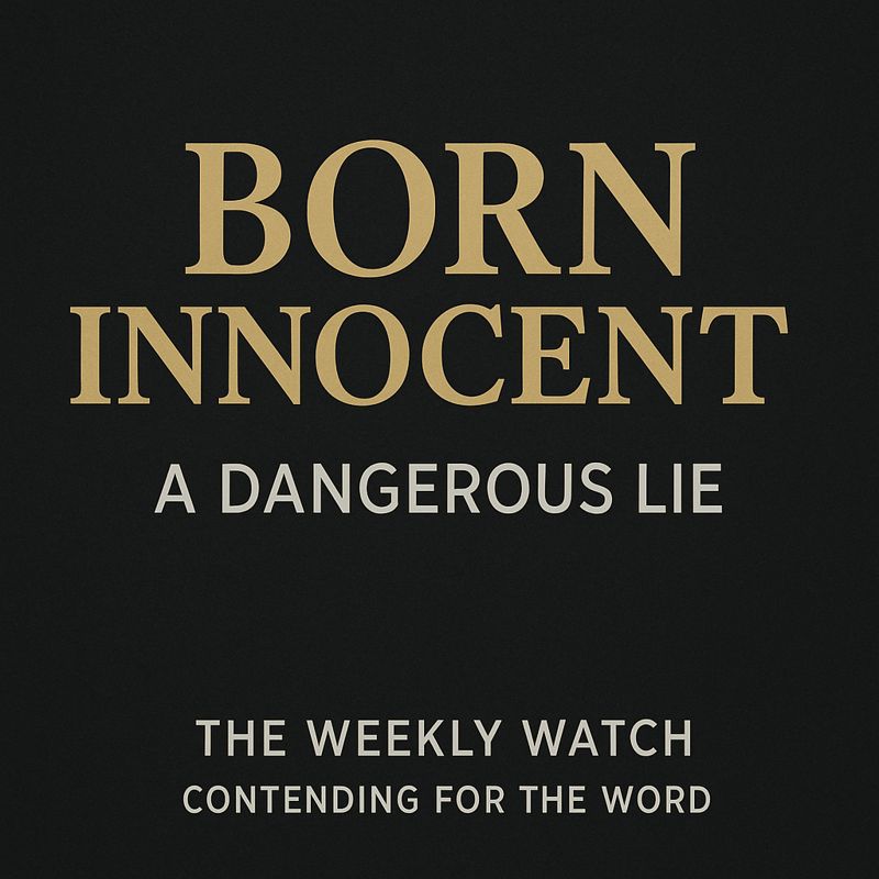 Thumbnail graphic for The Weekly Watch showing the text “Born Innocent” with the subtitle “A Dangerous Lie,” representing a teaching on the doctrine of sin from Contending for the Word.