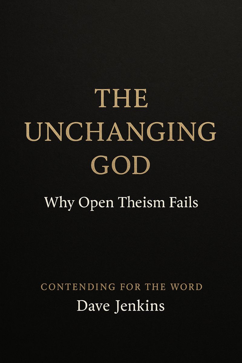 Minimal thumbnail with a deep charcoal textured background, gold serif text reading “The Unchanging God,” a smaller subtitle “Why Open Theism Fails,” and footer text “Contending for the Word” and “Dave Jenkins,” styled with high contrast and a pastoral teaching tone.