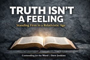 Contending for the Word episode graphic with an open Bible on a stone background, displaying the text “Truth Isn’t a Feeling” and “Standing Firm in a Relativistic Age” by Dave Jenkins on Servants of Grace.