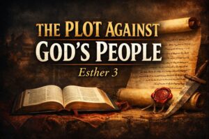 Thumbnail for Reading the Bible Daily with Dave featuring the title “The Plot Against God’s People, Esther 3” over a dark background with an open Bible, an ancient scroll sealed with red wax, and imagery symbolizing a royal decree and spiritual conflict.