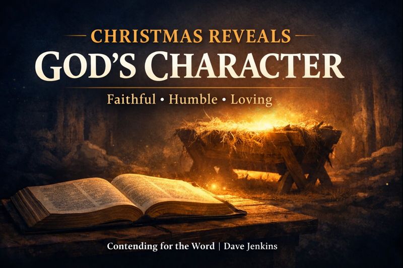 A warm, reverent Christmas-themed graphic showing an open Bible illuminated by golden light in front of a manger, with the text “Christmas Reveals God’s Character” and the subtitle “Faithful, Humble, Loving,” representing the incarnation of Christ and God’s revealed nature.