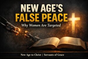 Broken chain beside an open Bible with a glowing cross, symbolizing freedom from New Age deception and the true peace found in Jesus Christ.