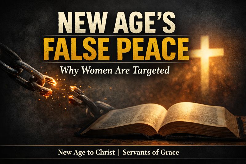 Broken chain beside an open Bible with a glowing cross, symbolizing freedom from New Age deception and the true peace found in Jesus Christ.