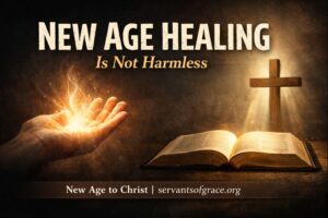 YouTube thumbnail showing a glowing hand symbolizing New Age energy healing contrasted with an open Bible and cross illuminated by light, emphasizing the spiritual danger of New Age healing and the truth of the gospel in Christ.