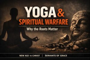 Dark YouTube thumbnail reading “Yoga and Spiritual Warfare, Why the Roots Matter,” showing a silhouette in a yoga pose beside a cracked idol and broken chains, illustrating a biblical warning about yoga’s spiritual origins and New Age deception.
