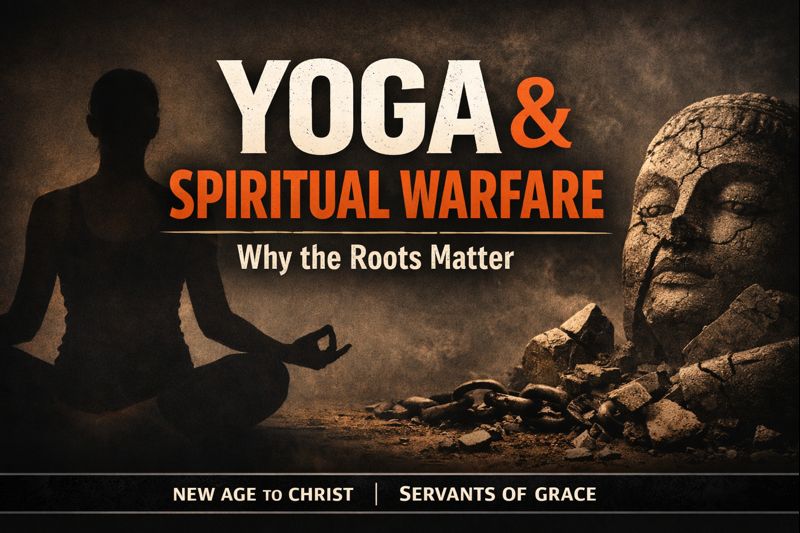 Dark YouTube thumbnail reading “Yoga and Spiritual Warfare, Why the Roots Matter,” showing a silhouette in a yoga pose beside a cracked idol and broken chains, illustrating a biblical warning about yoga’s spiritual origins and New Age deception.