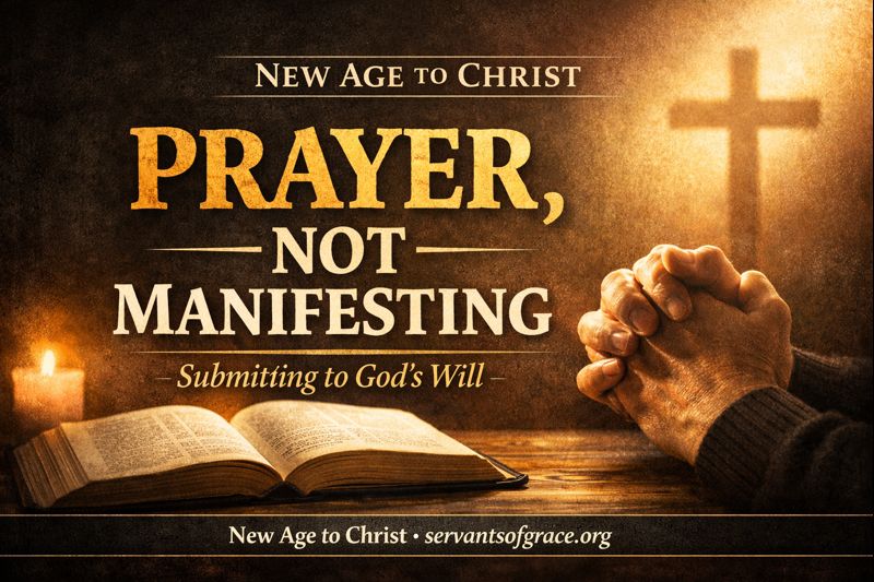 Prayer Not Manifesting, Trusting God’s Sovereign Will 3 A reverent Christian thumbnail showing an open Bible on a wooden table, hands clasped in prayer, and a glowing cross in the background, with the text “Prayer, Not Manifesting — Submitting to God’s Will,” emphasizing biblical prayer over New Age practices.