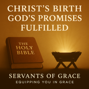 Closed Bible labeled ‘The Holy Bible’ alongside a glowing manger silhouette on a warm golden background, with the text ‘Christ’s Birth, God’s Promises Fulfilled’ and Servants of Grace branding.