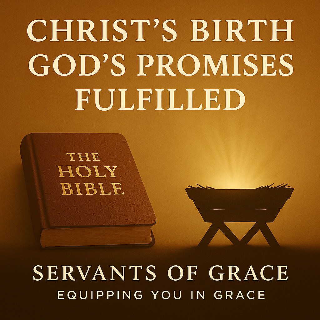 Closed Bible labeled ‘The Holy Bible’ alongside a glowing manger silhouette on a warm golden background, with the text ‘Christ’s Birth, God’s Promises Fulfilled’ and Servants of Grace branding.