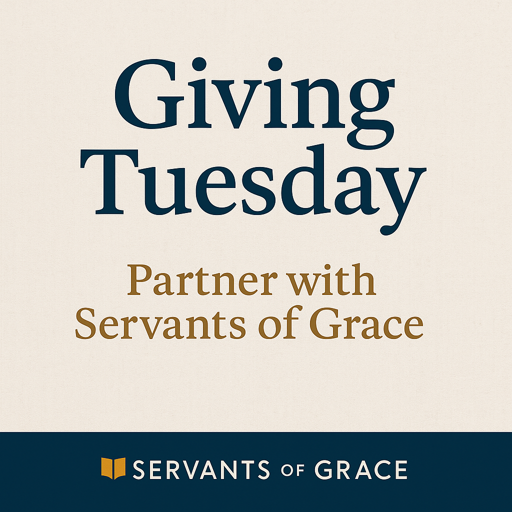 Giving Tuesday graphic with a soft linen background, large navy text reading ‘Giving Tuesday,’ gold text reading ‘Partner with Servants of Grace,’ and a navy brand bar at the bottom with the Servants of Grace logo.