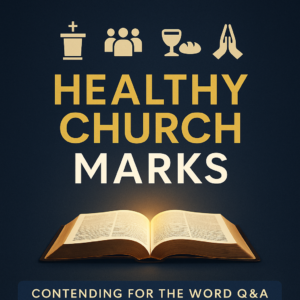 Thumbnail with a dark navy background showing icons for preaching, fellowship, communion, and prayer above bold gold and white text reading ‘Healthy Church Marks,’ with an open Bible glowing at the bottom and a small banner labeled ‘Contending for the Word Q&A.