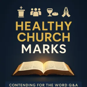 Thumbnail with a dark navy background showing icons for preaching, fellowship, communion, and prayer above bold gold and white text reading ‘Healthy Church Marks,’ with an open Bible glowing at the bottom and a small banner labeled ‘Contending for the Word Q&A.