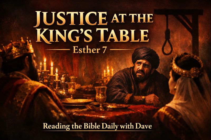 Illustrated Esther 7 thumbnail showing a tense Persian royal banquet scene with Queen Esther and King Ahasuerus seated at the table, Haman fearful in the foreground, and a shadowed gallows in the background, symbolizing divine justice, titled “Justice at the King’s Table, Esther 7, Reading the Bible Daily with Dave.