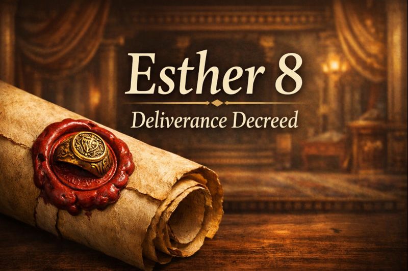 An ancient parchment scroll sealed with a royal signet ring, symbolizing deliverance and hope in Esther chapter 8, with the title ‘Esther 8 – Deliverance Decreed.