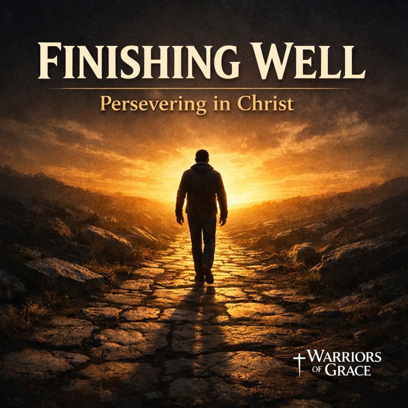 A lone man walks along a narrow ancient stone path toward a glowing sunrise, with the text “Finishing Well” and “Persevering in Christ” on a cinematic Warriors of Grace YouTube thumbnail.