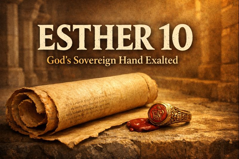 Ancient parchment scroll and royal signet ring on a stone surface, symbolizing God’s sovereign hand exalted in Esther 10.