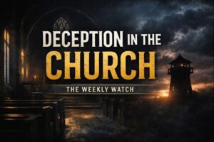 Moody church interior with empty pews and light breaking through darkness, symbolizing the need for biblical discernment and vigilance against deception in the church.