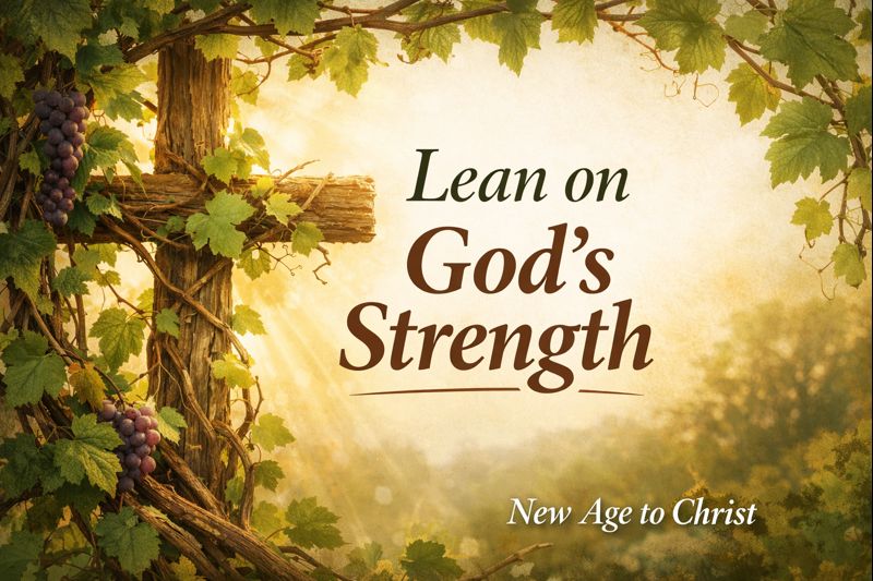 A wooden cross wrapped in grapevines with soft light, symbolizing abiding in Christ and relying on God’s strength from John 15.