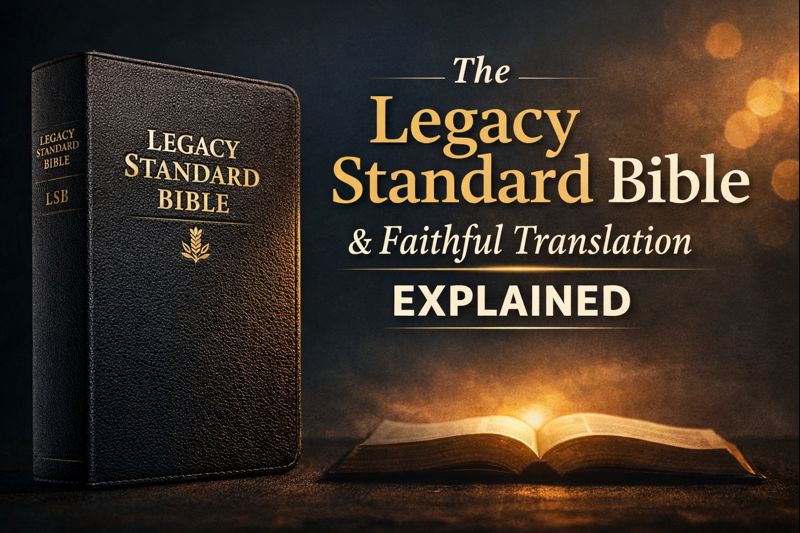 Black leather Legacy Standard Bible with gold lettering beside an open Bible, overlaid with the text ‘The Legacy Standard Bible and Faithful Translation Explained’ on a warm, dramatic background.