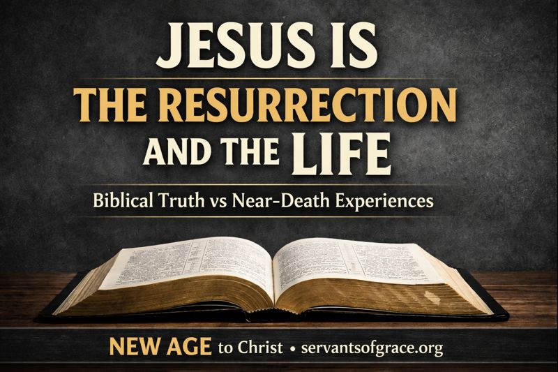 Open Bible on a wooden table with the words “Jesus Is the Resurrection and the Life,” highlighting biblical truth over New Age near-death experience claims in the New Age to Christ series.
