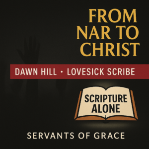 Dark charcoal thumbnail with faint silhouettes of raised hands fading into the background. The gold serif title reads ‘From NAR to Christ.’ A red bar across the middle displays ‘Dawn Hill • Lovesick Scribe.’ At the bottom, an open Bible in a soft spotlight features the words ‘Scripture Alone,’ with ‘Servants of Grace’ in gold text beneath it.