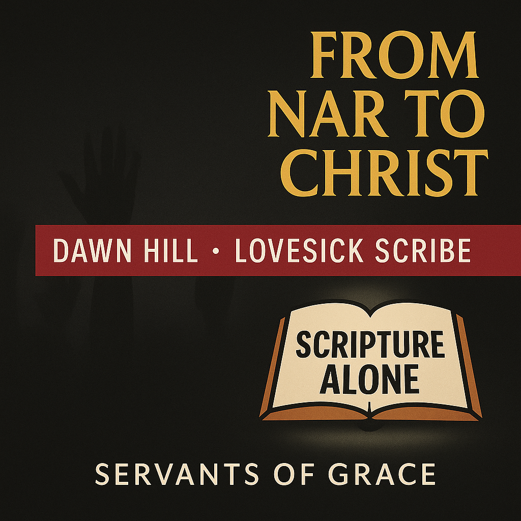 Dark charcoal thumbnail with faint silhouettes of raised hands fading into the background. The gold serif title reads ‘From NAR to Christ.’ A red bar across the middle displays ‘Dawn Hill • Lovesick Scribe.’ At the bottom, an open Bible in a soft spotlight features the words ‘Scripture Alone,’ with ‘Servants of Grace’ in gold text beneath it.