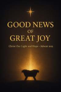 Golden light shining from a manger silhouette with a star above, titled ‘Good News of Great Joy’ for Advent.