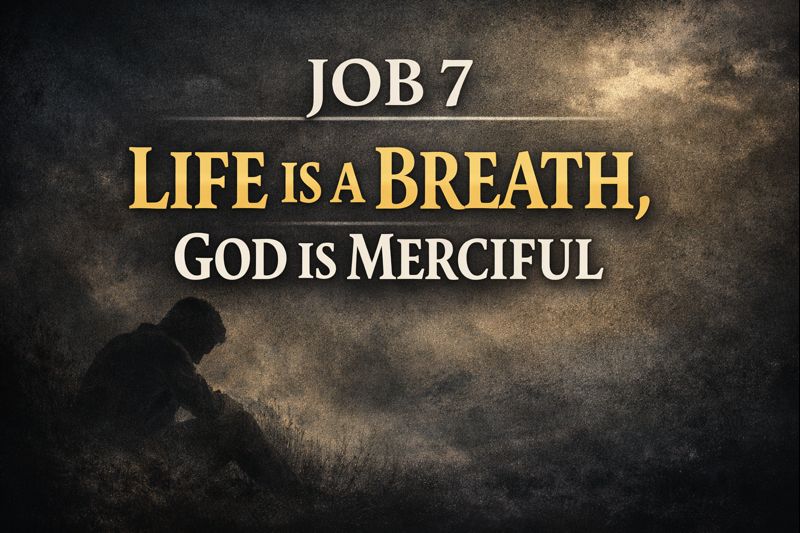 A dark, textured thumbnail featuring the words “JOB 7 – LIFE IS A BREATH, GOD IS MERCIFUL” in bold serif lettering against a shadowed sky, with a lone, weary figure seated in silhouette, reflecting the theme of human frailty and God’s mercy in Job 7.