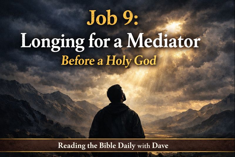Job 9 Longing for a Mediator Before a Holy God Reading the Bible Daily with Dave thumbnail showing a man standing beneath storm clouds with light breaking through, symbolizing God’s holiness and Christ our mediator