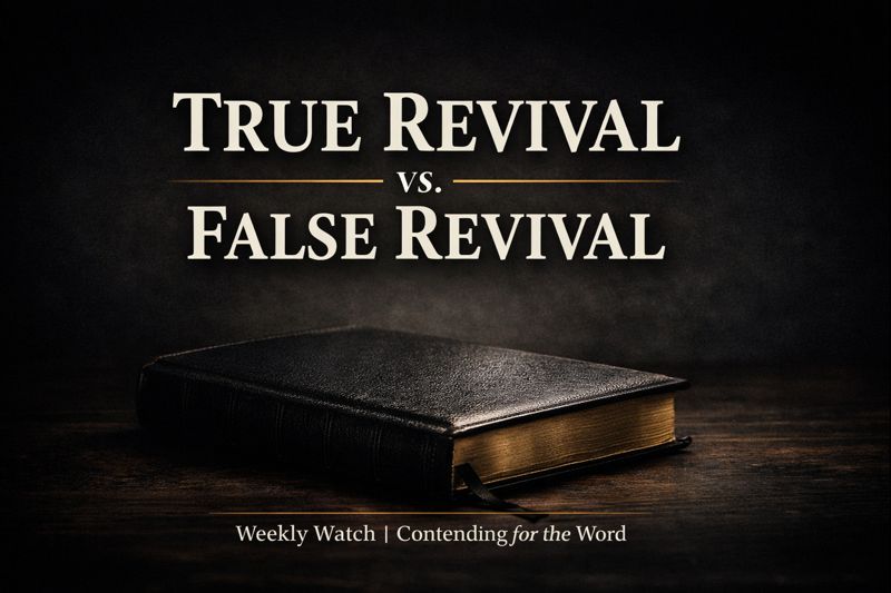 Closed Bible on a dark background with the text “True Revival vs. False Revival,” representing biblical discernment grounded in Scripture