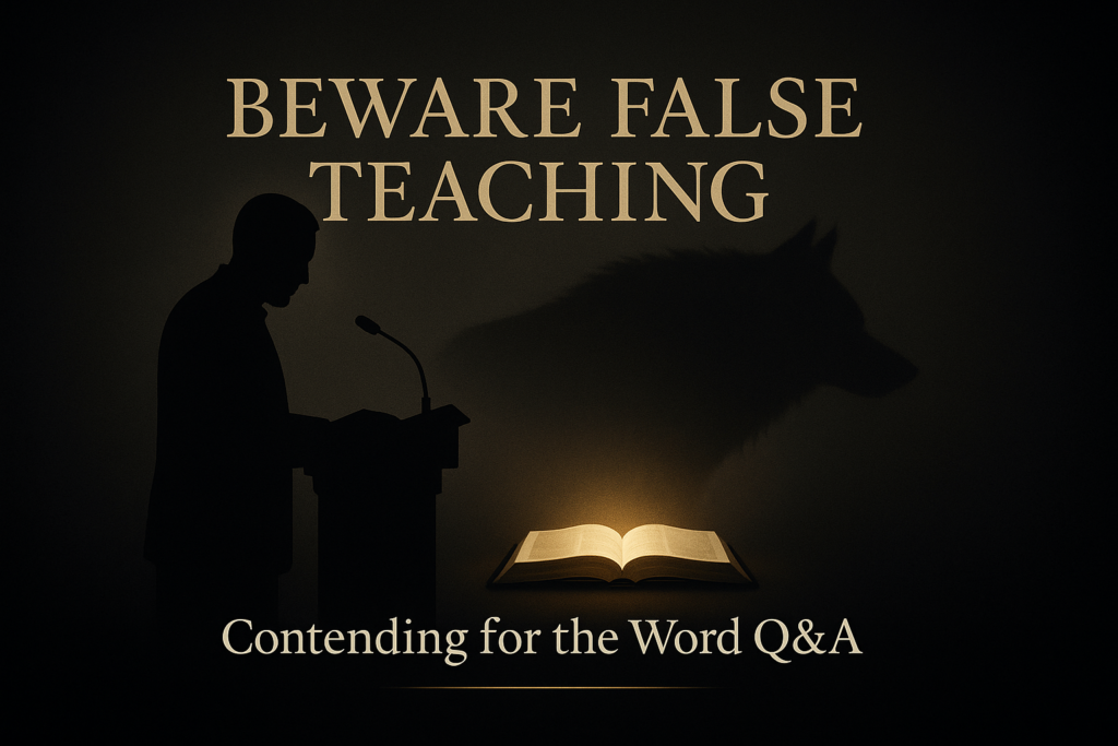 The Loving Warnings of God About False Teaching 3 A silhouette of a preacher standing at a pulpit with a wolf shadow behind him. A glowing open Bible sits below, illuminating the words ‘Beware False Teaching’ above and ‘Contending for the Word Q&A’ below on a dark background.