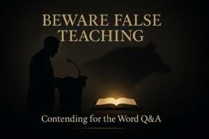 A silhouette of a preacher standing at a pulpit with a wolf shadow behind him. A glowing open Bible sits below, illuminating the words ‘Beware False Teaching’ above and ‘Contending for the Word Q&A’ below on a dark background.