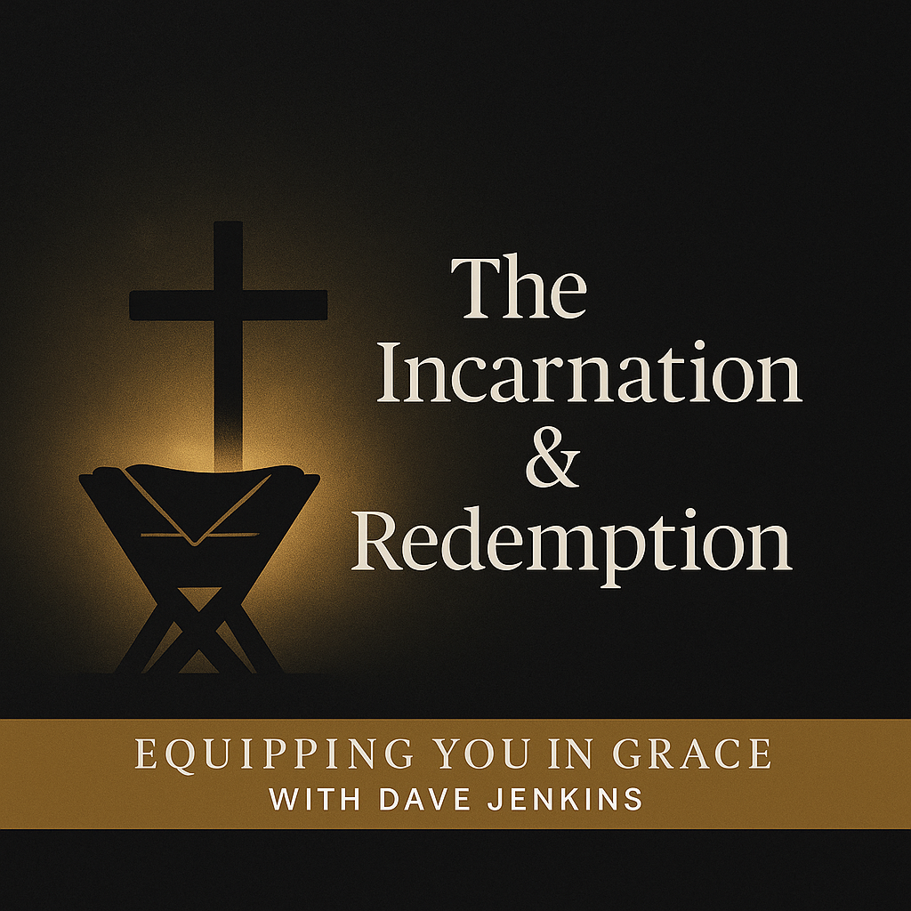 Thumbnail with a manger and cross silhouette glowing in warm gold on a dark charcoal background, with the title ‘The Incarnation and Redemption: Why Jesus Took on Flesh’ and the branding ‘Equipping You in Grace with Dave Jenkins